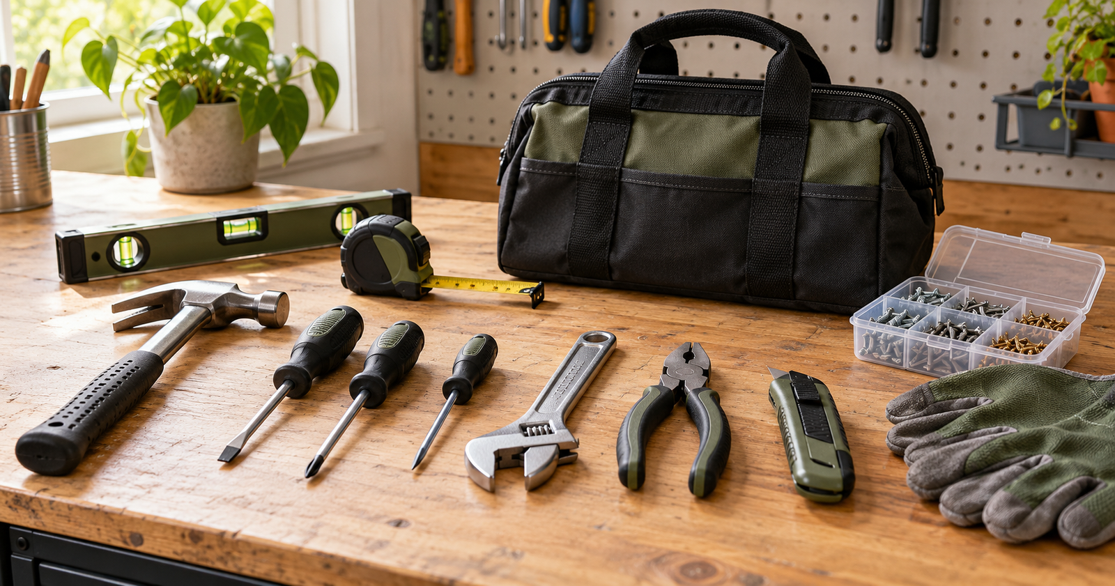 A practical beginner household tool kit arranged on a wooden workbench with hammer, screwdrivers, tape measure, level, pliers, flashlight, gloves, and small tool bag