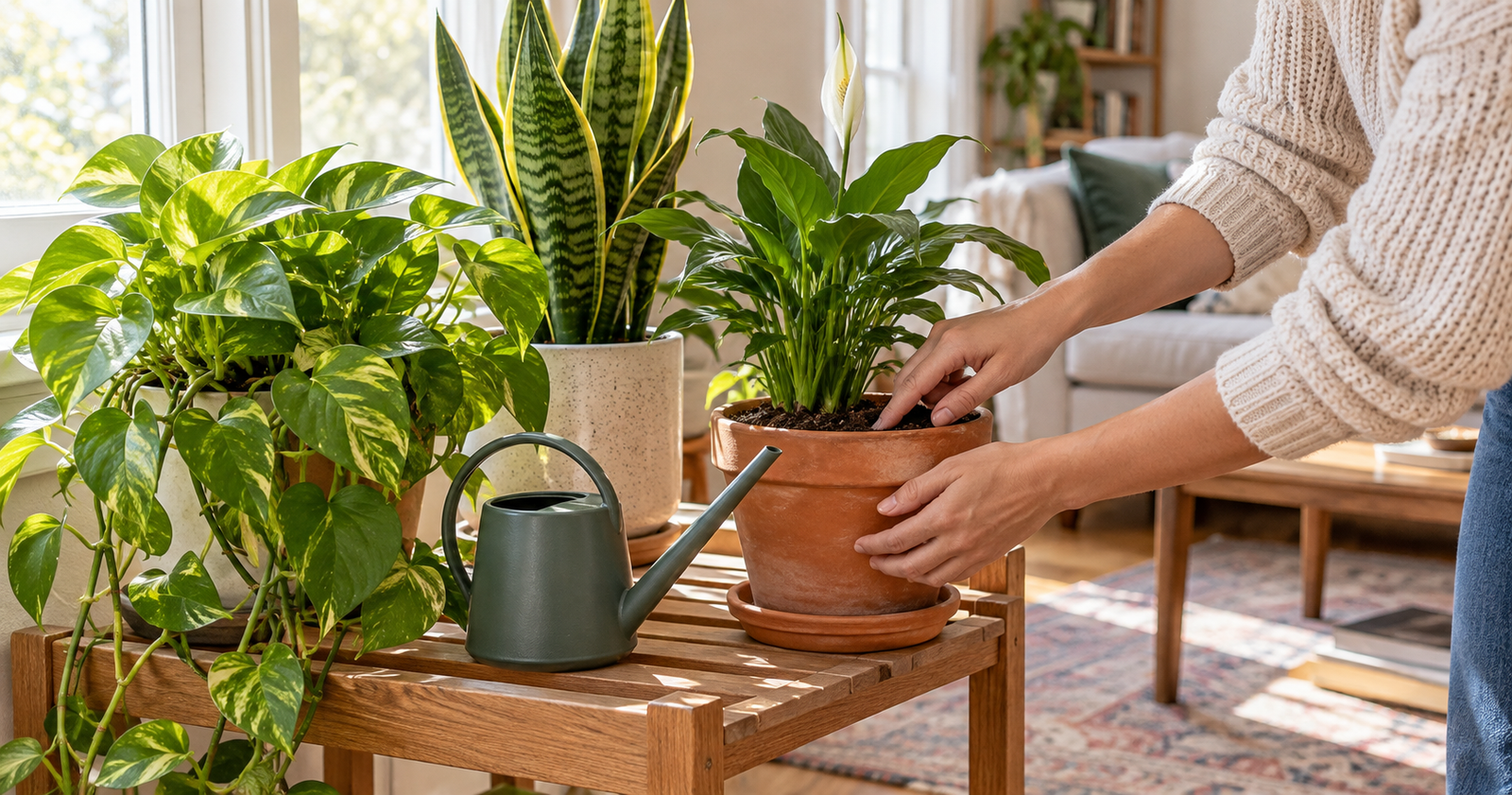 Beginner houseplants near a bright window while a person checks the surface of potting mix in a terracotta pot