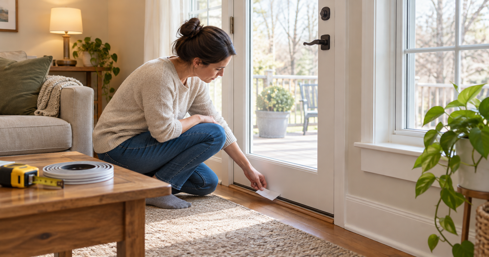 Homeowner inspecting the lower edge of a closed patio door for a draft, with weatherstripping and a tape measure nearby