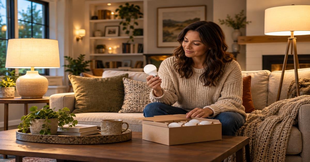 Warm, balanced LED lighting in a comfortable living room with table and floor lamps