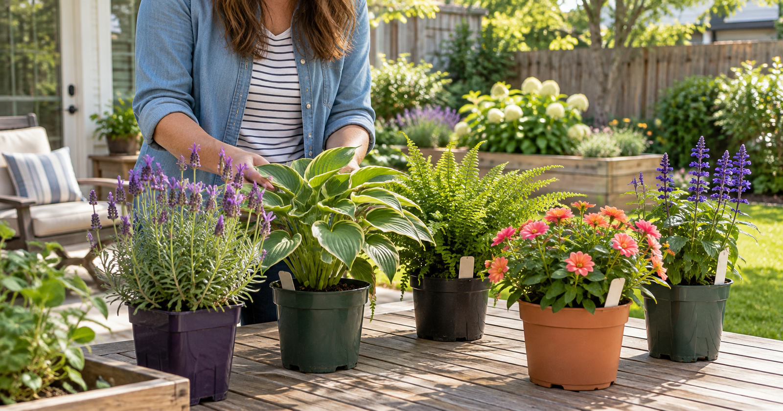 Home gardener comparing healthy outdoor plants in nursery pots on a sunny and shaded backyard patio