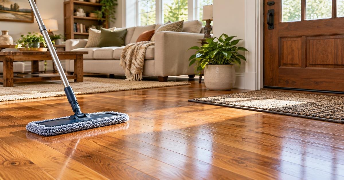 Clean hardwood floor in a warm living room with a microfiber mop and entry mat