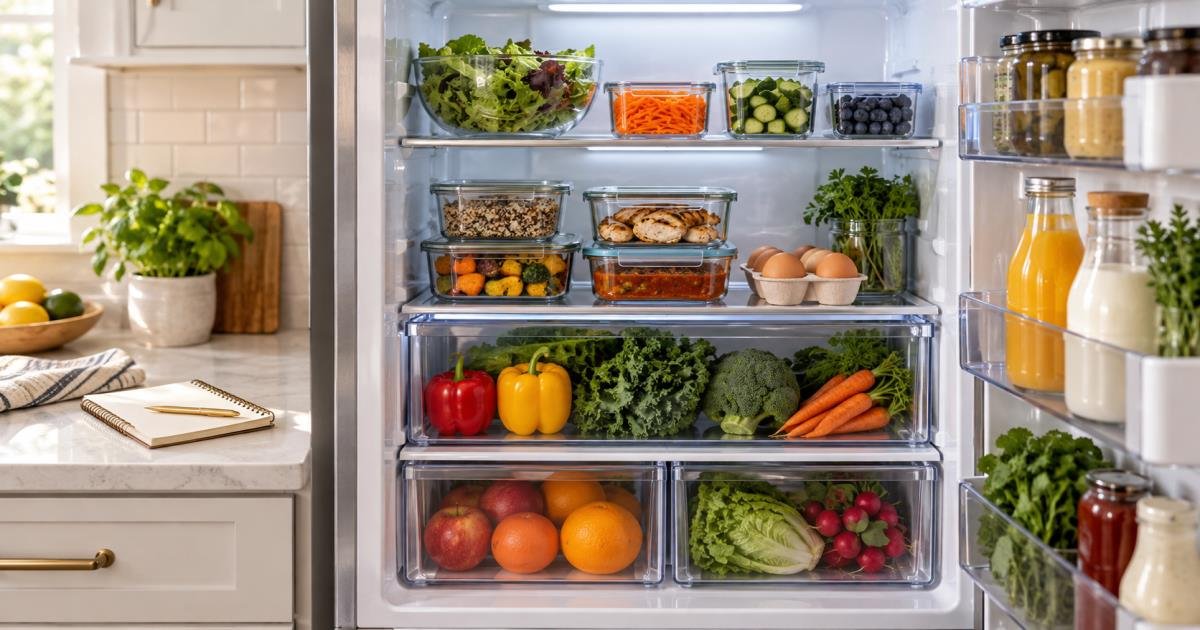 Open clean refrigerator with organized produce, contained leftovers, and clear shelves