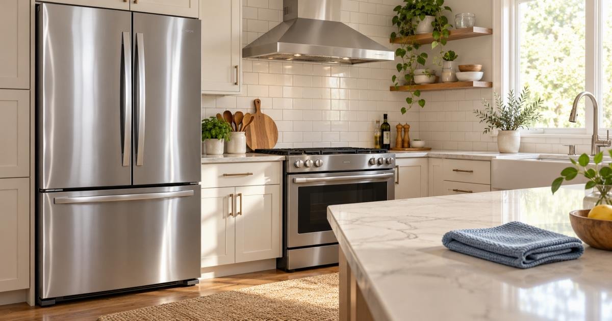 Clean stainless steel refrigerator and oven in a bright kitchen with a soft microfiber cloth