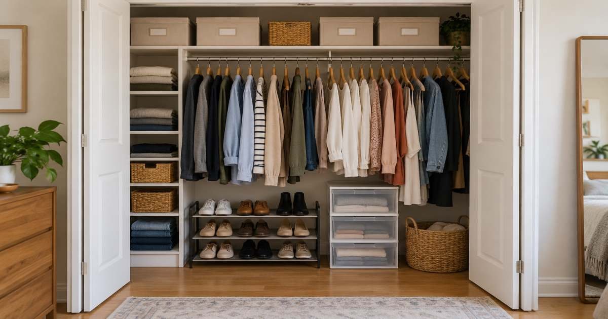 Small apartment closet organized with folded clothing, baskets, hangers, shoes, and storage boxes
