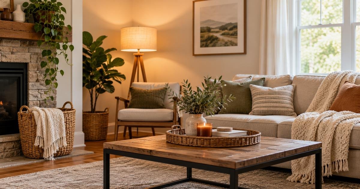 Cozy budget-friendly living room with a warm floor lamp, houseplant, woven basket, and soft throw blanket