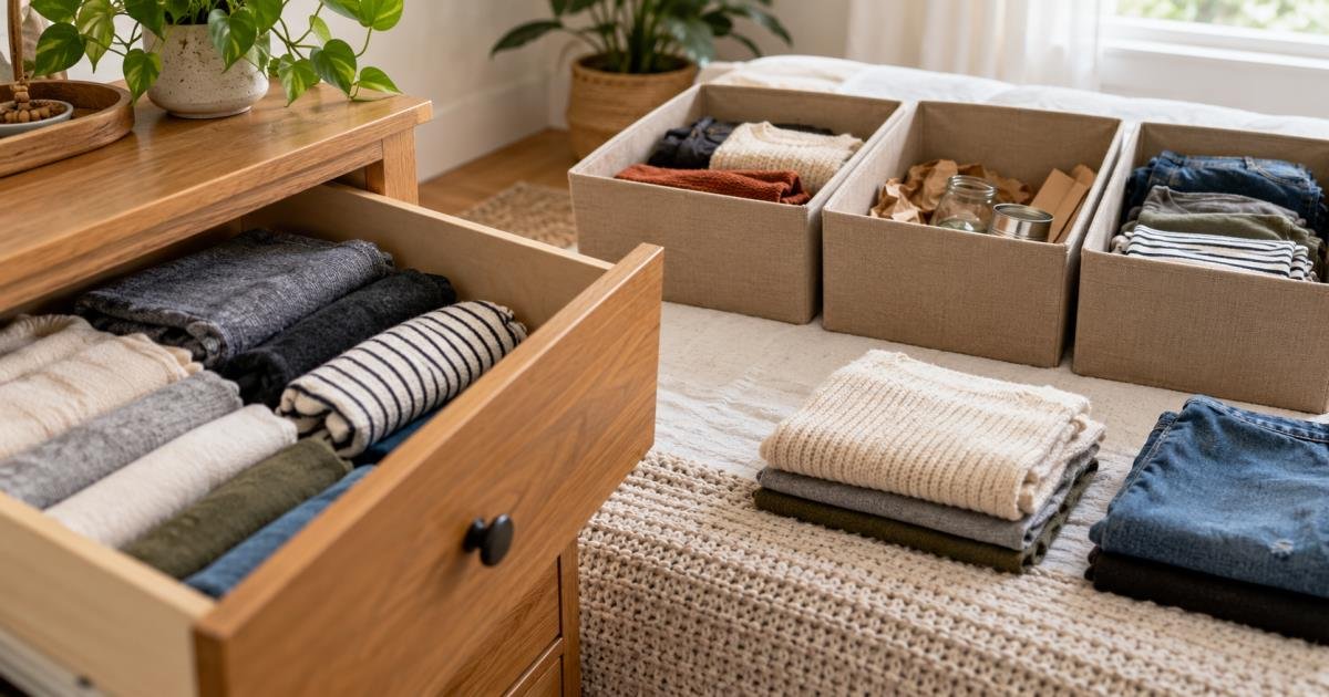Small home decluttering session with a dresser drawer and labeled sorting boxes