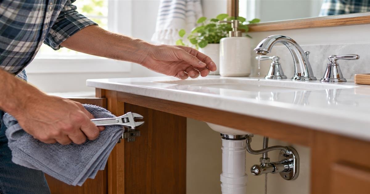 Homeowner inspecting a gently dripping bathroom faucet with a towel and adjustable wrench nearby