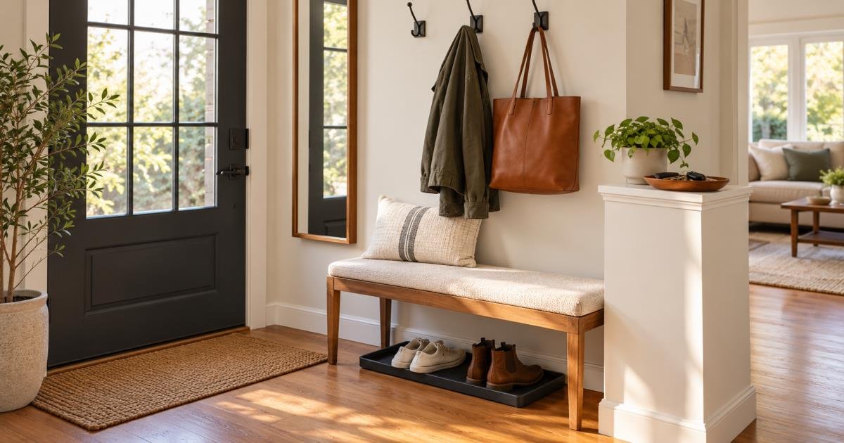 Organized apartment entryway with a narrow bench, hooks, shoe tray, key tray, and clear walking path