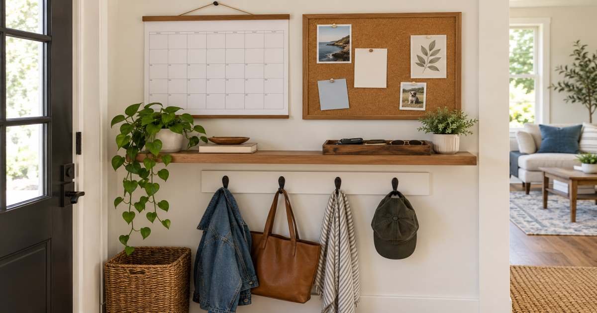 Family command center with wall calendar, cork board, entryway hooks, key tray, and shelf