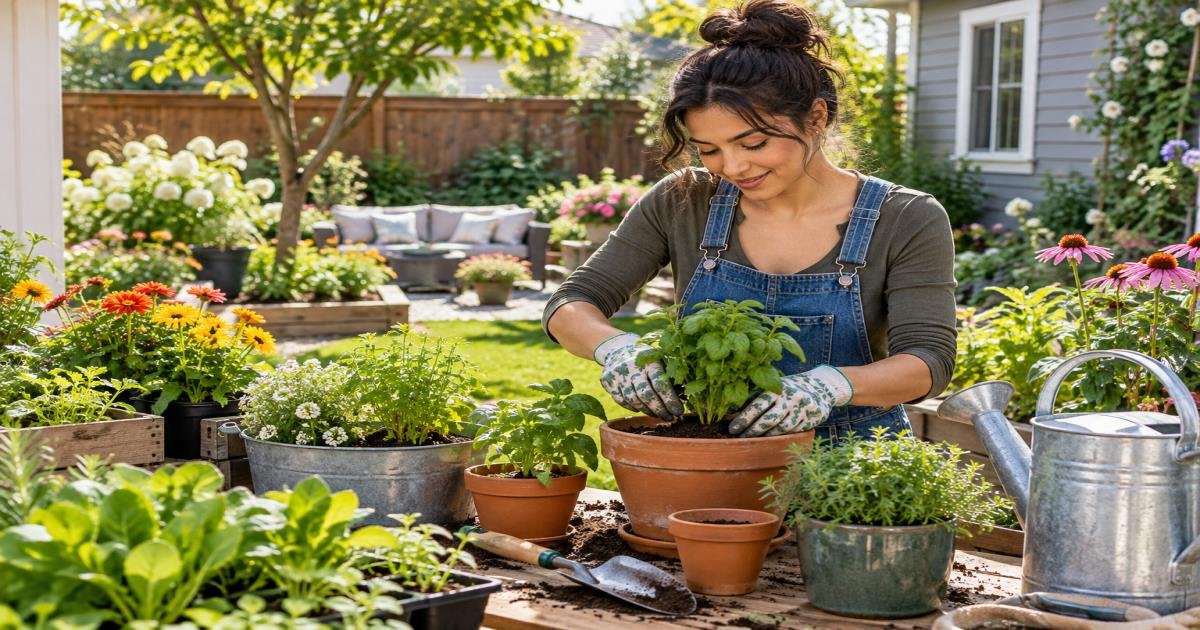 Gardener caring for colorful container plants in a tidy backyard garden