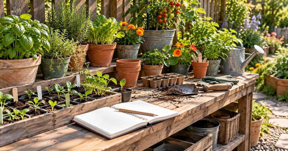 Home gardening workspace with container plants, seed trays, potting bench, notebook, and hand tools