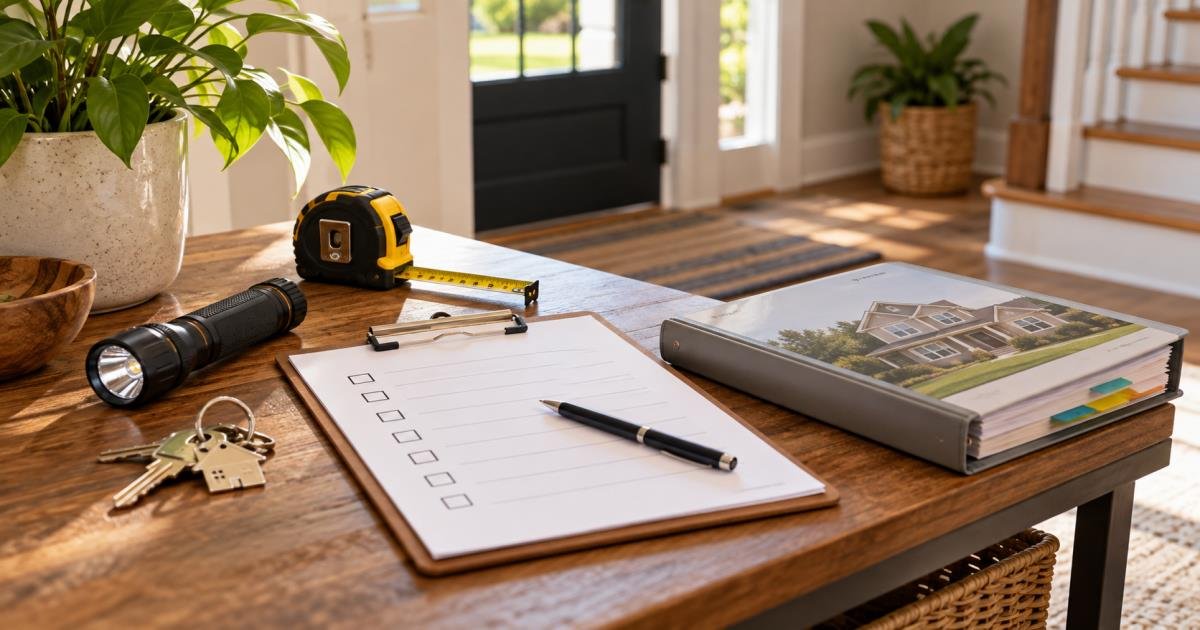 Home maintenance planning scene with a checklist, keys, flashlight, tape measure, and homeowner manual