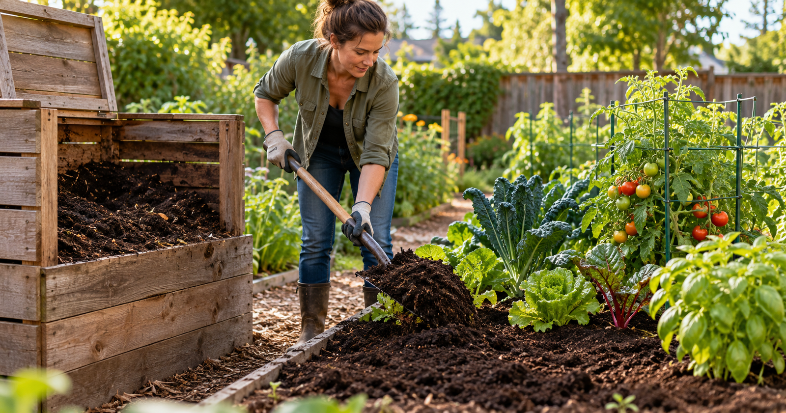 Gardener adding finished compost around healthy plants in a backyard garden bed