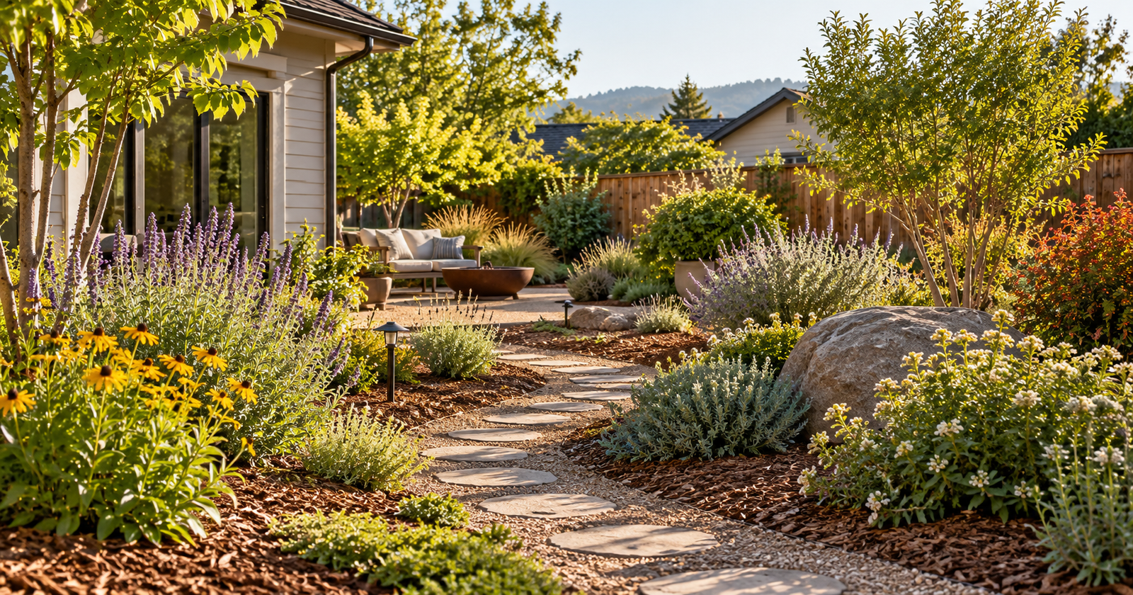 Simple low-maintenance backyard garden with mulched beds, flowering perennials, shrubs, and a path