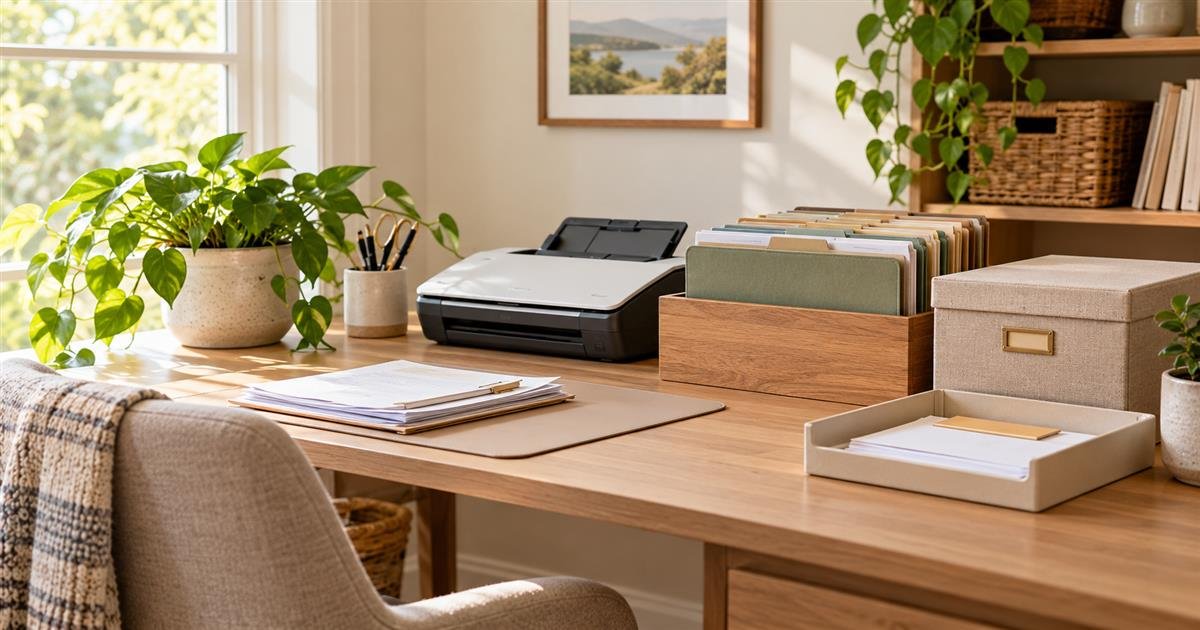 Organized home paperwork station with labeled file folders, a document box, scanner, and envelope tray