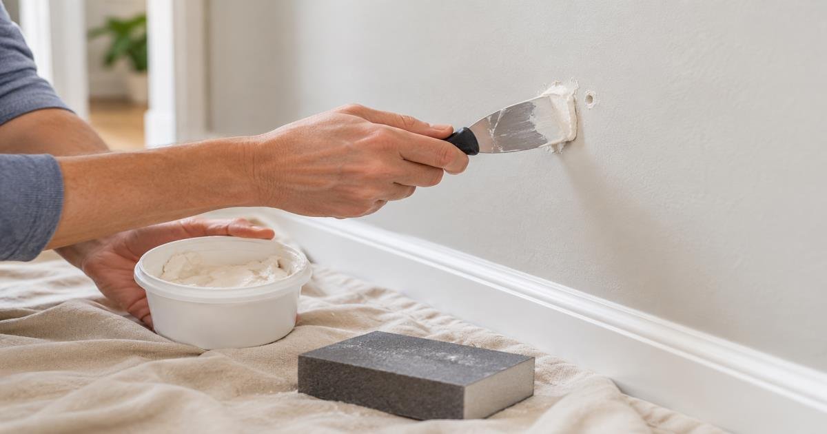 Small drywall nail hole being filled carefully with spackle and a putty knife