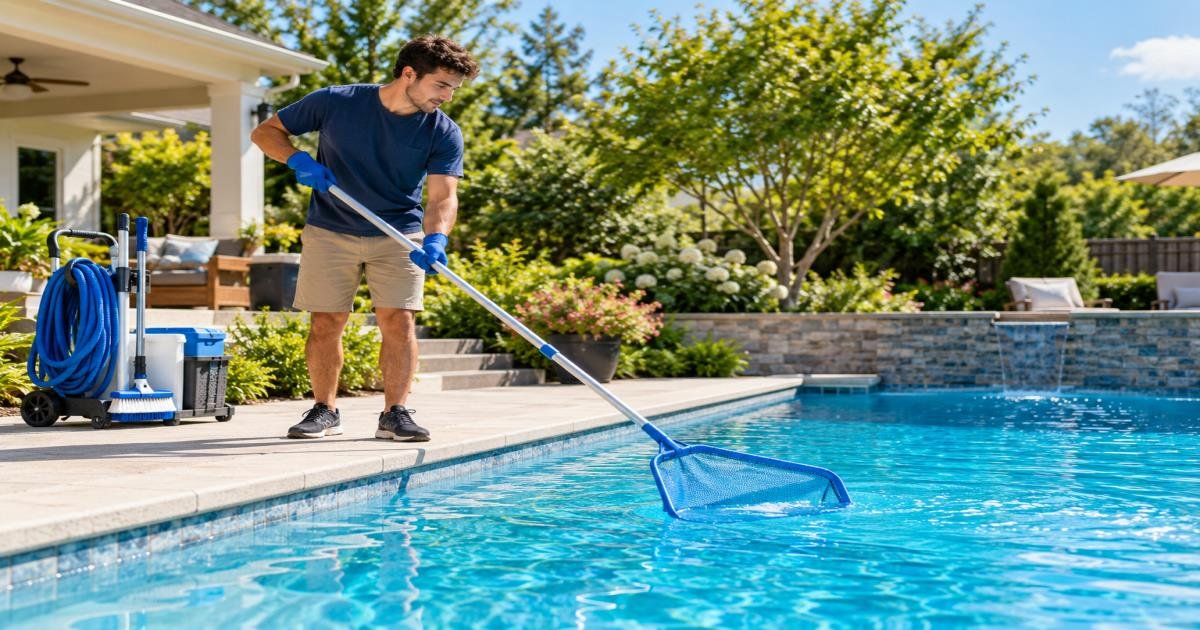 Pool maintenance worker skimming a clean blue residential swimming pool with professional care equipment nearby