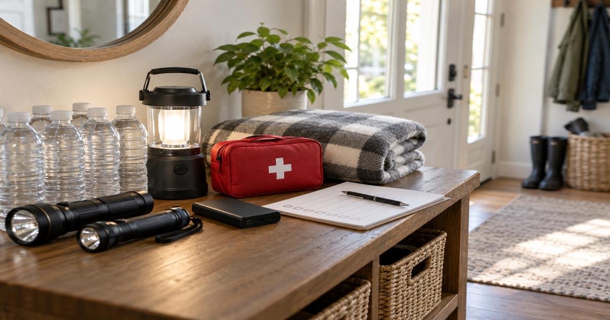 Organized home power-outage supplies including flashlight, water, battery lantern, blanket, and first-aid kit