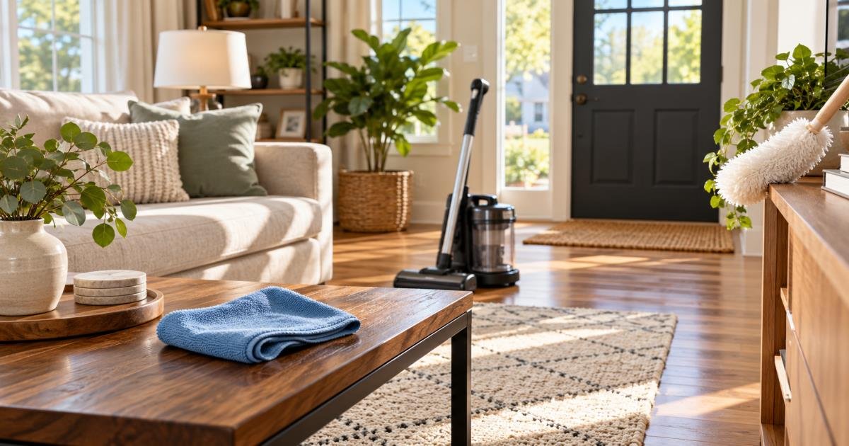 Tidy living room with a microfiber cloth, compact vacuum, and clean entry mat