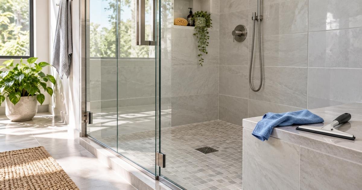 Clean bathroom shower with clear glass, tile, microfiber cloth, and squeegee