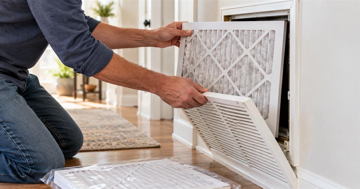 Homeowner carefully sliding a clean HVAC air filter into an accessible wall return grille