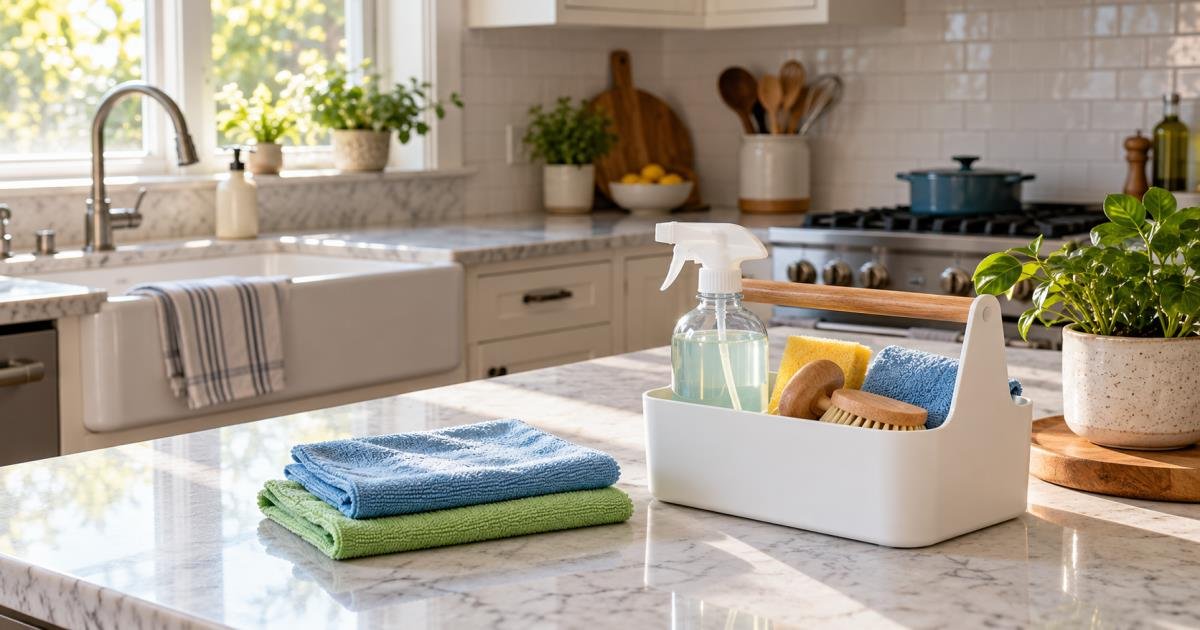 Practical kitchen cleaning setup with cloths, a caddy, and clean counter
