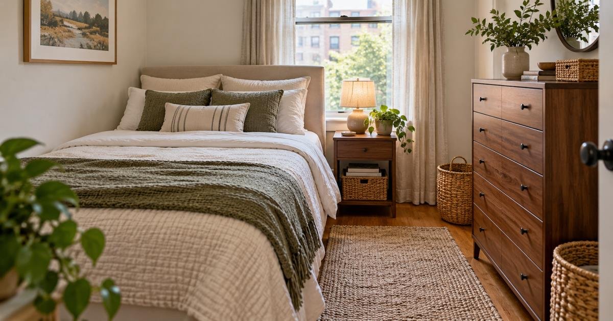 Organized small bedroom with a neatly made bed, narrow nightstand, tall dresser, and clear floor space