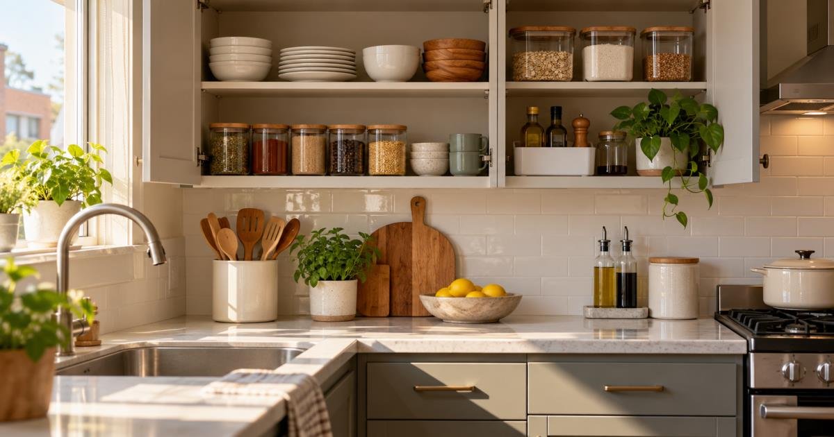 Compact kitchen organized with limited cabinet space, clear counter, and tidy containers