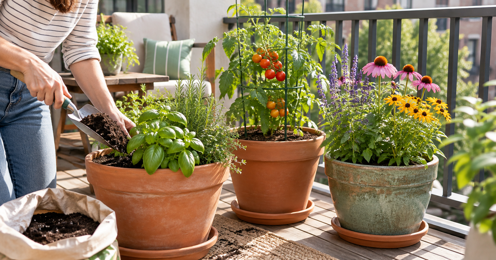 Small container garden with herbs, a supported vegetable plant, and flowering pots on a sunny apartment balcony