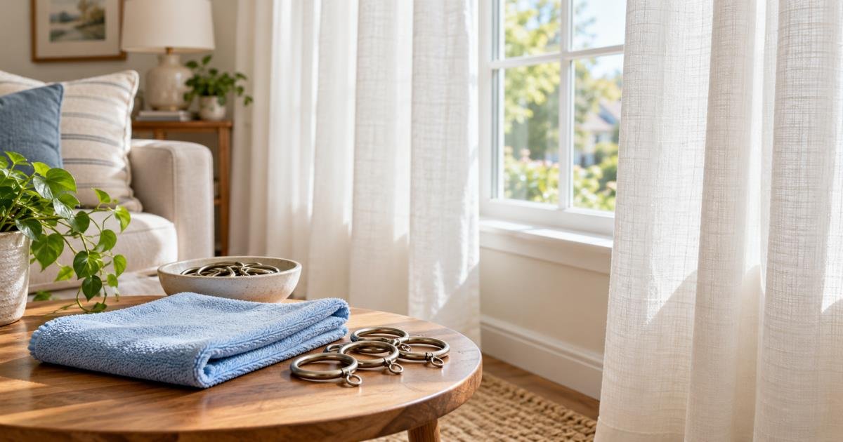 Bright living room window with clean linen curtains and fabric-care accessories