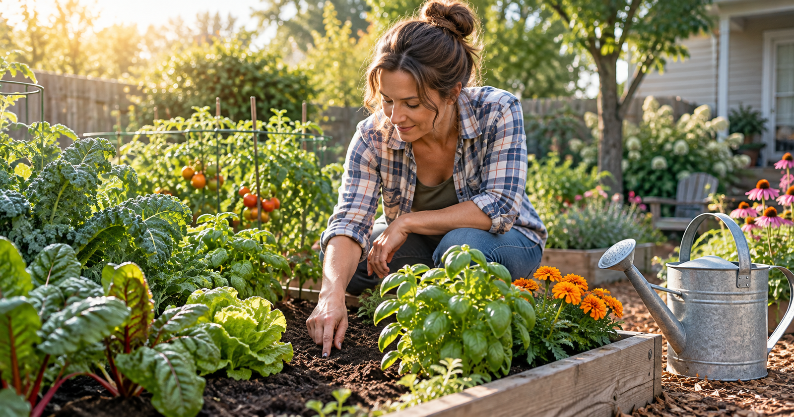 Gardener checking soil moisture in a healthy raised garden bed with a watering can nearby