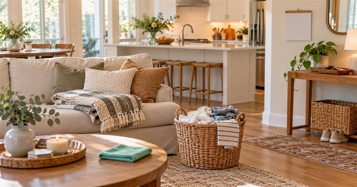 Calm living room and kitchen reset with a laundry basket, folded blanket, calendar, and entryway tray